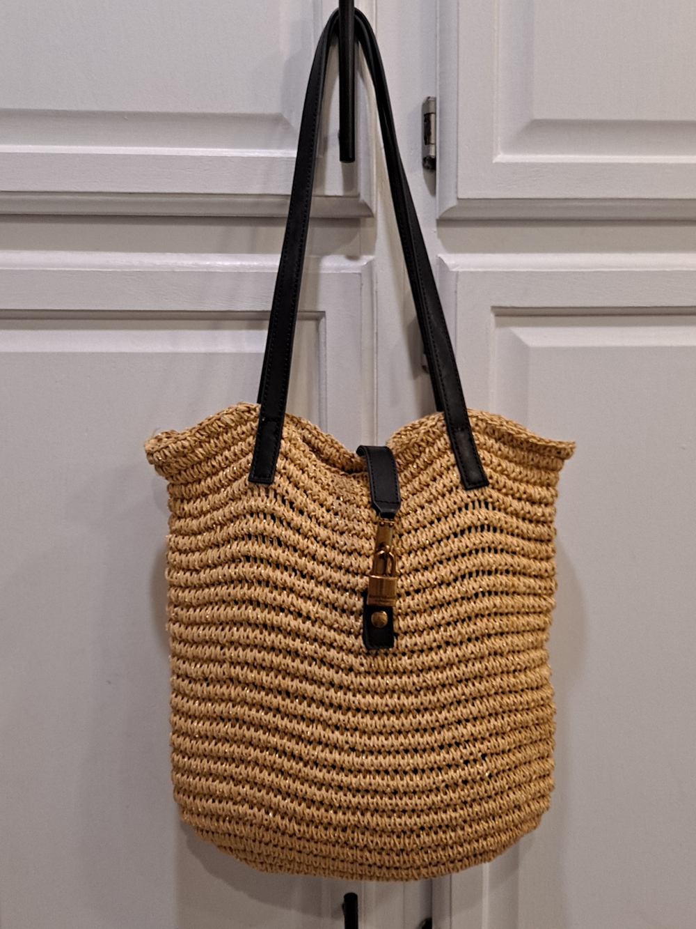 Kurt Geiger London Brixton Chiswick Natural Straw Tote w/ Black Leather Handles